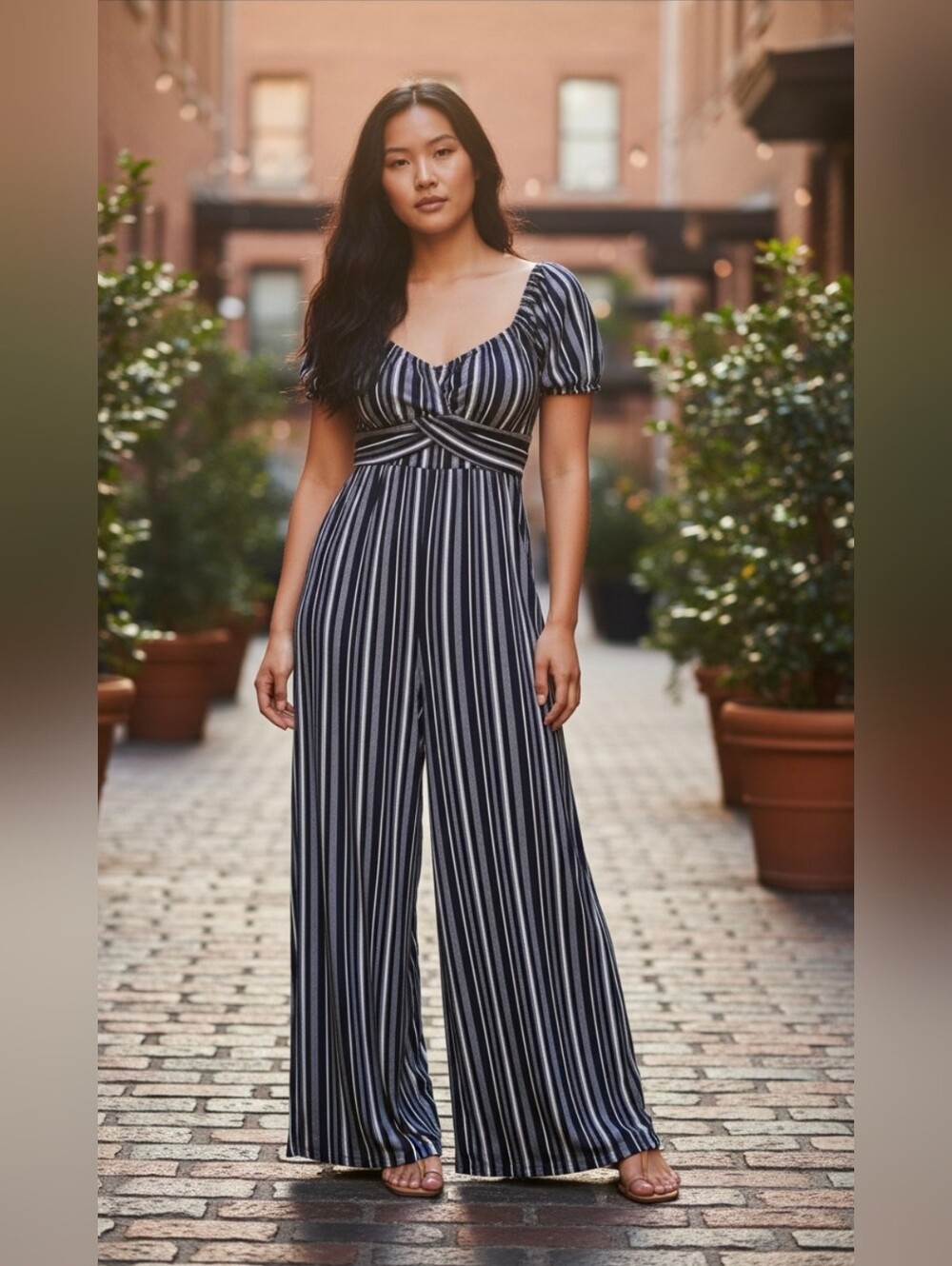 NWT Derek Heart Striped Wide Leg Tie-Back Jumpsuit Blue White Nautical Summer